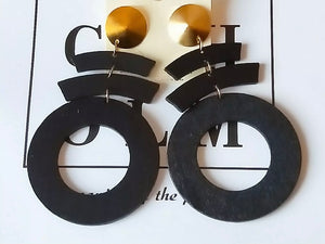 WOOD GEOMETRIC EARRINGS- BLACK/BROWN/GREEN