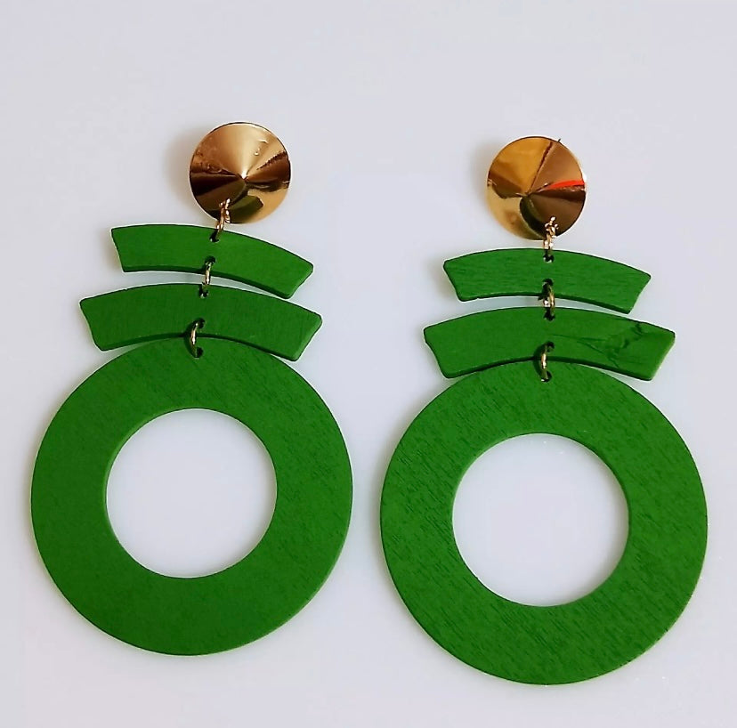 WOOD GEOMETRIC EARRINGS- BLACK/BROWN/GREEN
