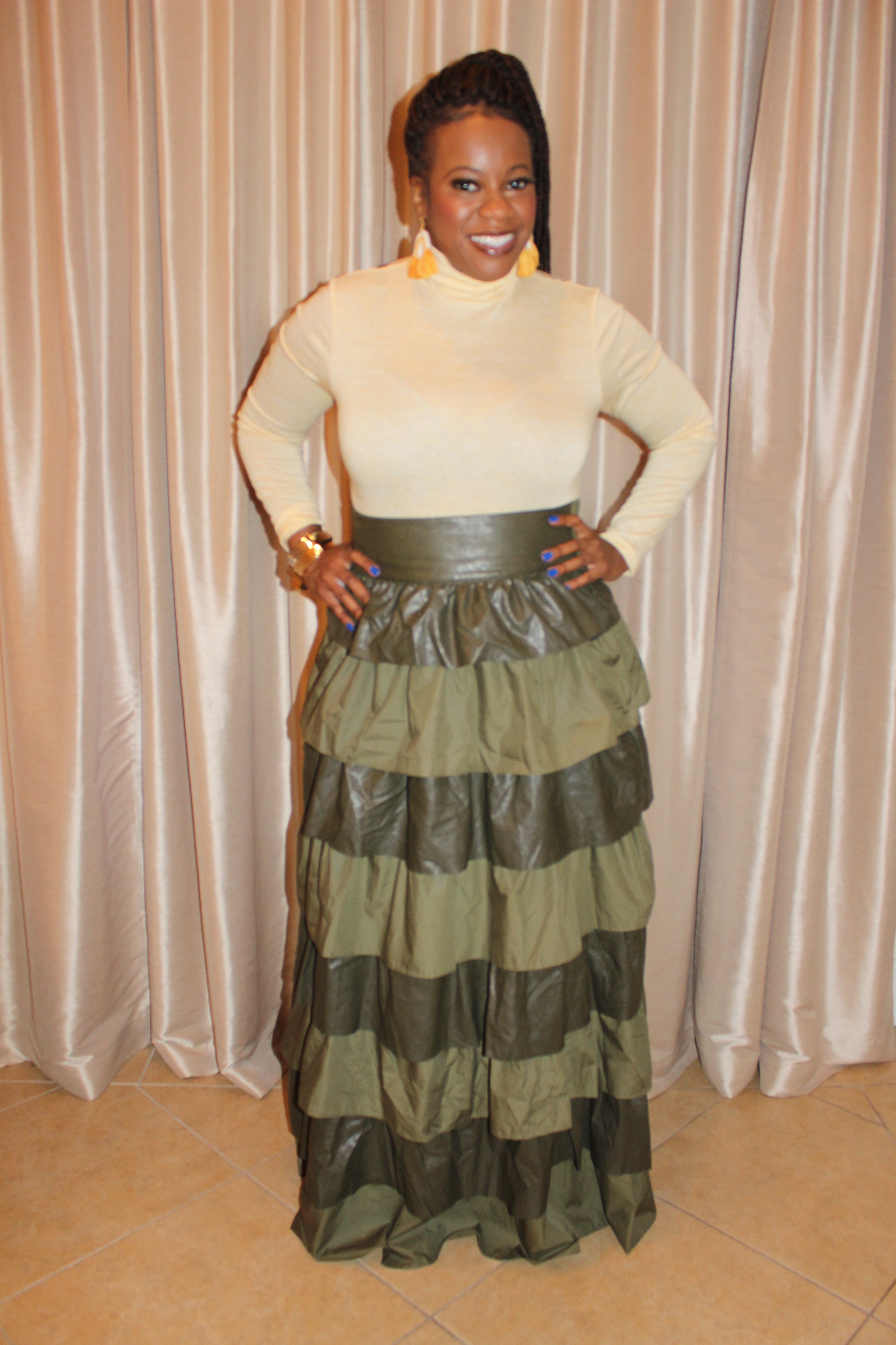 FAUX LEATHERED OLIVE MAXI SKIRT