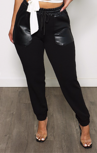 JOGGER WITH FAUX LEATHER POCKETS - BLACK