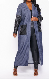 BLUE CARDIAGAN WITH FAUX LEATHER- CURVY CUTIE