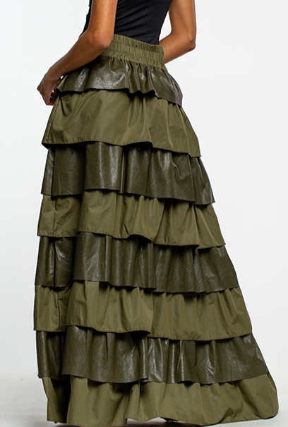FAUX LEATHERED OLIVE MAXI SKIRT