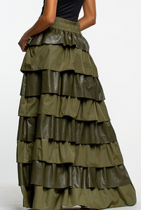 FAUX LEATHERED OLIVE MAXI SKIRT